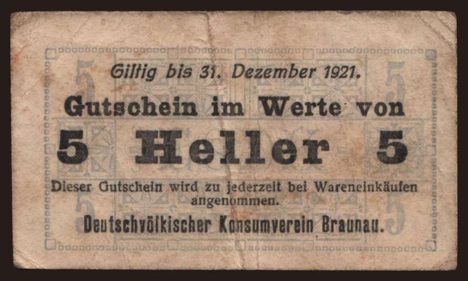 Braunau/ Deutschvölkischer Konsumverein, 5 heller, 1921