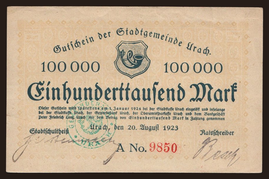 Urach/ Stadtgemeinde, 100.000 Mark, 1923