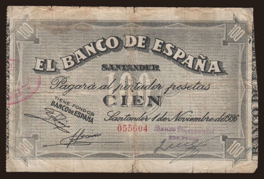 Santander/ Banco Mercantil, 100 pesetas, 1936