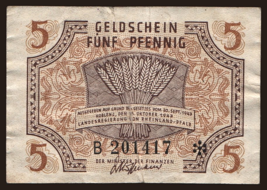 Rheinland-Pfalz, 5 Pfennig, 1947