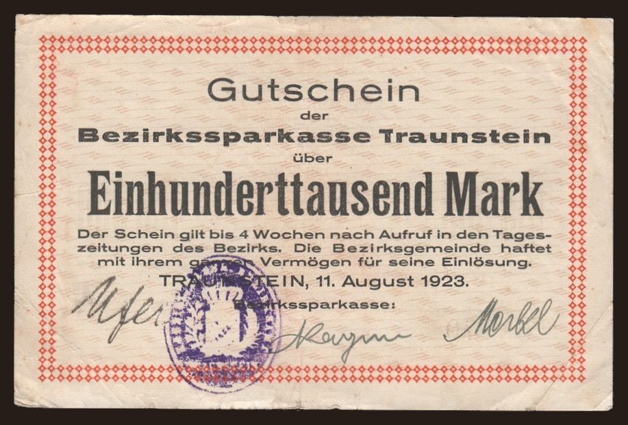 Traunstein/ Bezirkssparkasse, 100.000 Mark, 1923