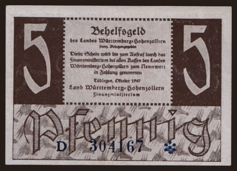 Württemberg-Hohenzollern, 5 Pfennig, 1947