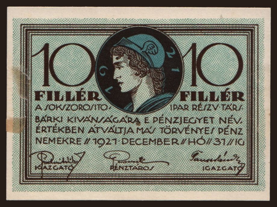 Budapest/ Sokszorosító Ipar R.T., 10 fillér, 1921