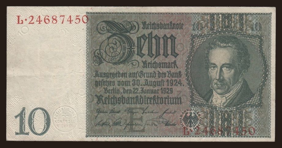 10 reichsmark, 1929, E/L