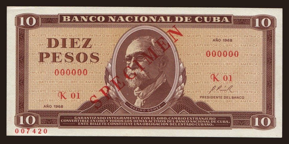 10 pesos, 1968, SPECIMEN
