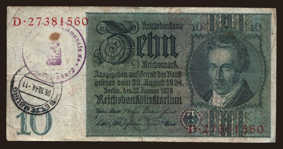 10 Reichsmark, 1929(44), Bettemburg