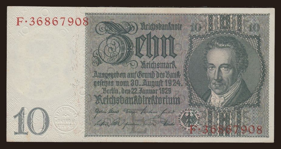10 reichsmark, 1929, E/F