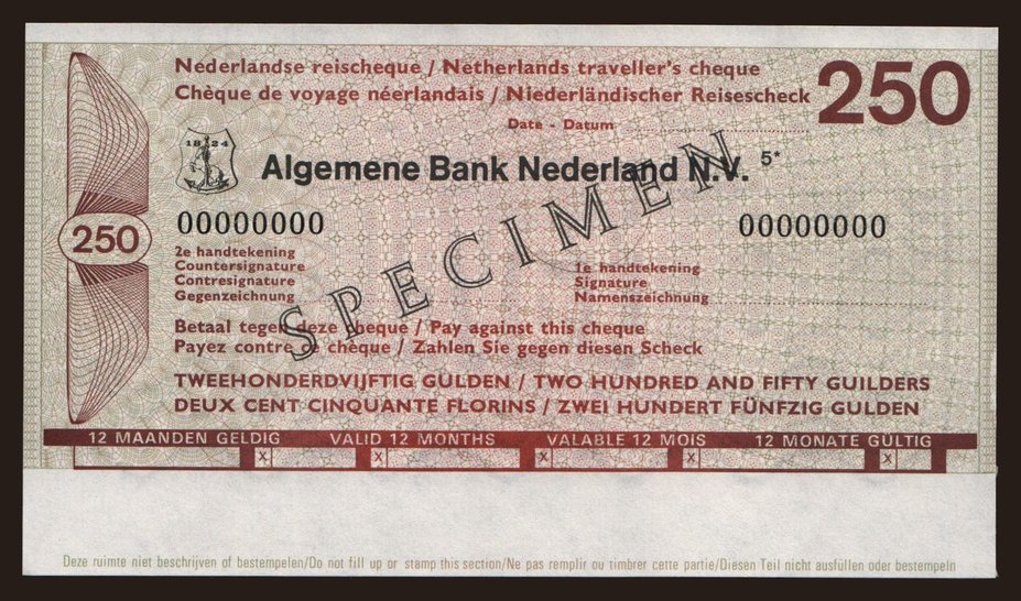 Travellers cheque, Algemene Bank Nederland, 250 gulden, specimen