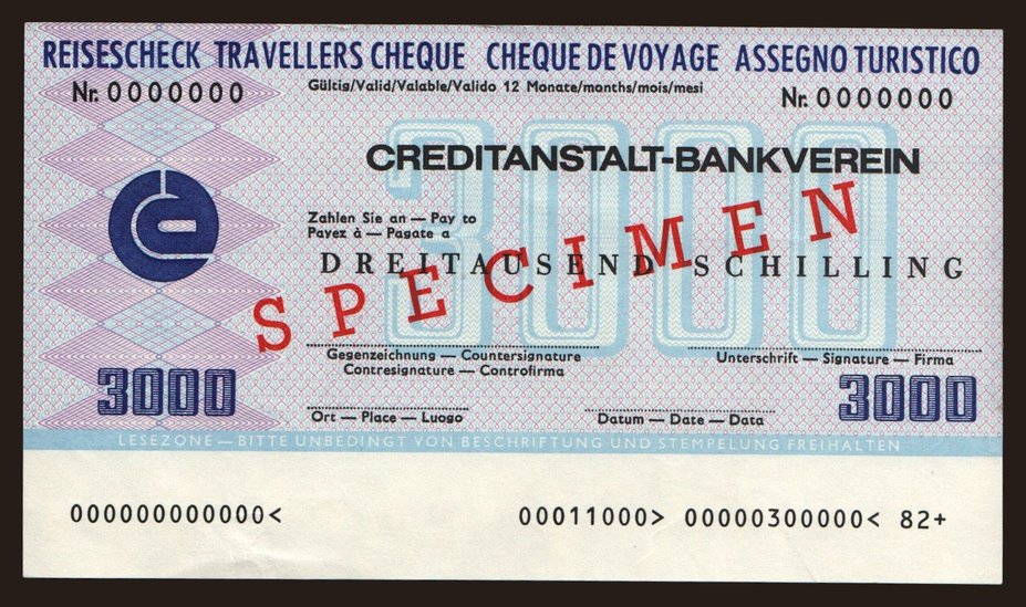 Travellers cheque, Creditanstalt-Bankverein, 3000 schiling, specimen