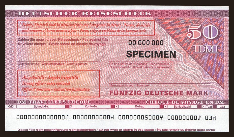 Travellers cheque, Deutscher Reisescheck, 50 Mark, specimen