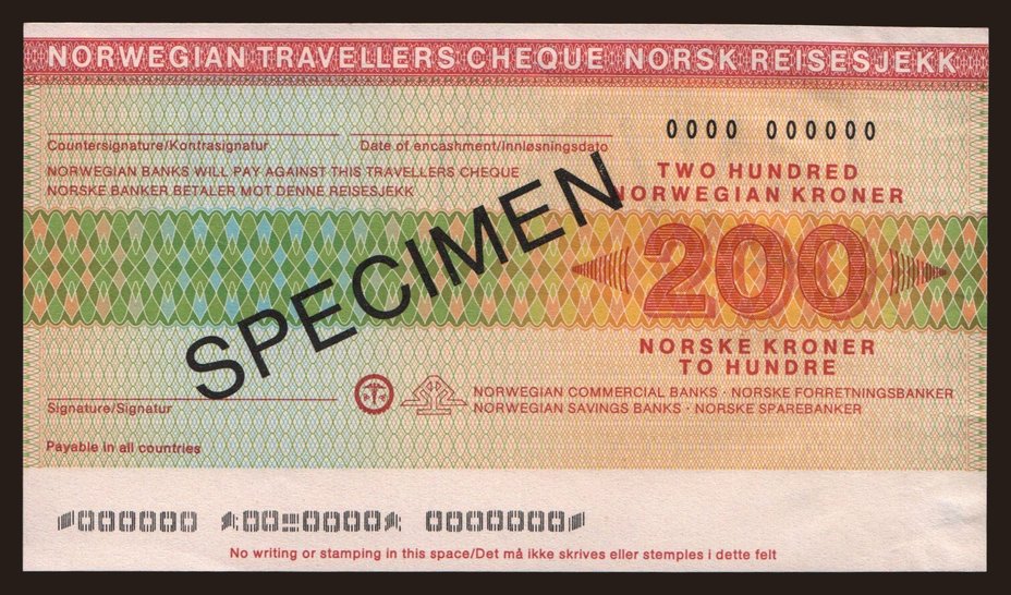 Travellers cheque, Norsk Reisesjekk, 200 kroner, specimen