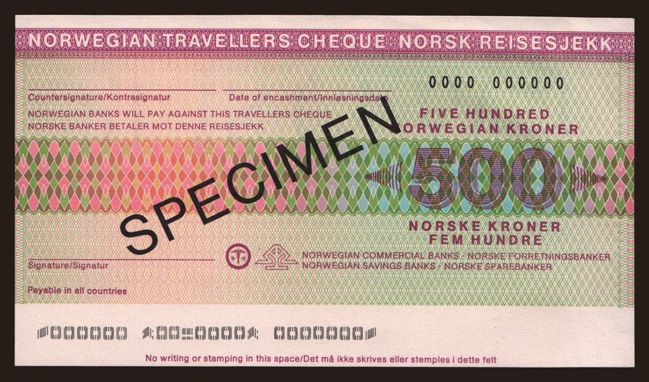 Travellers cheque, Norsk Reisesjekk, 500 kroner, specimen