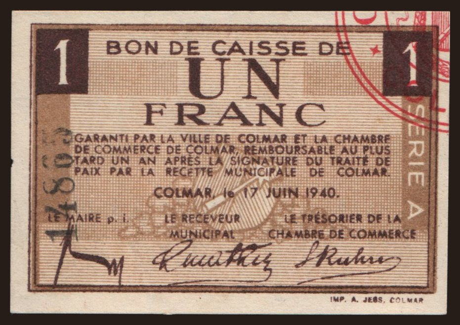 Colmar, 1 franc, 1940