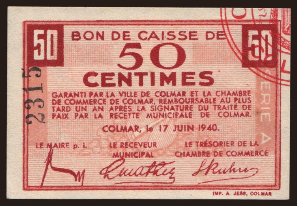 Colmar, 50 centimes, 1940