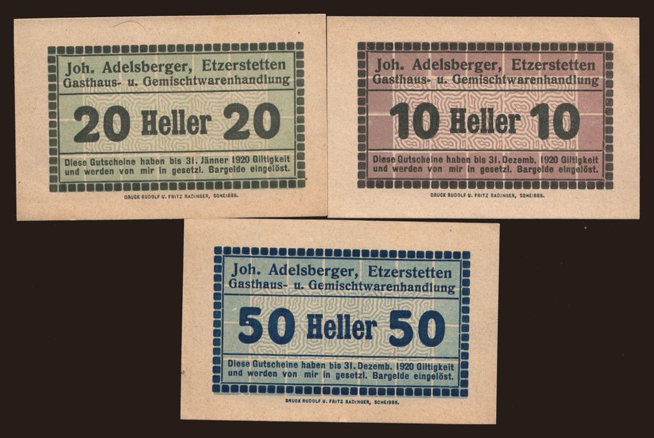 Etzerstetten/ Joh. Adelsberger, 10, 20, 50 Heller, 1920