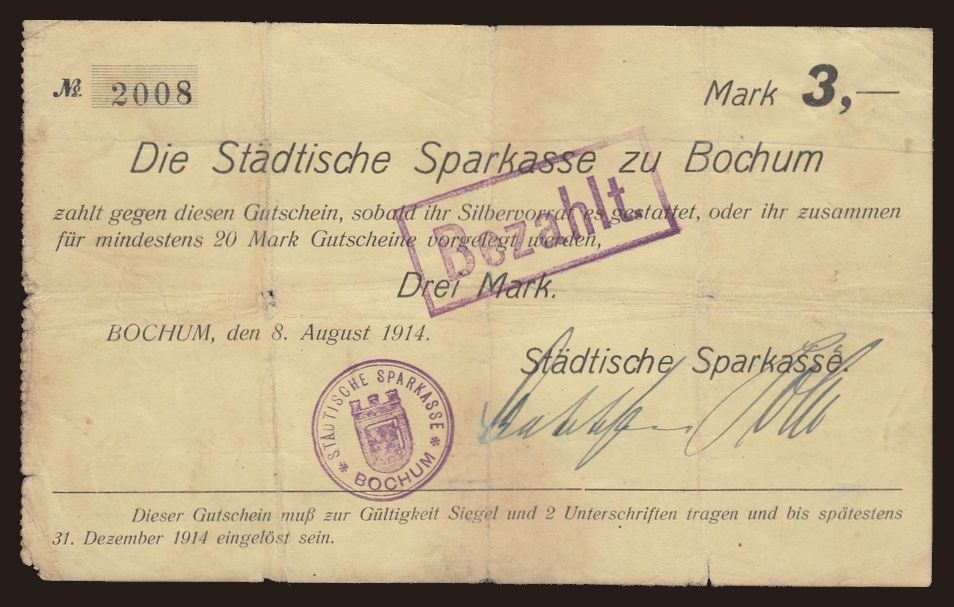 Bochum/ Städtische Sparkasse, 3 Mark, 1914
