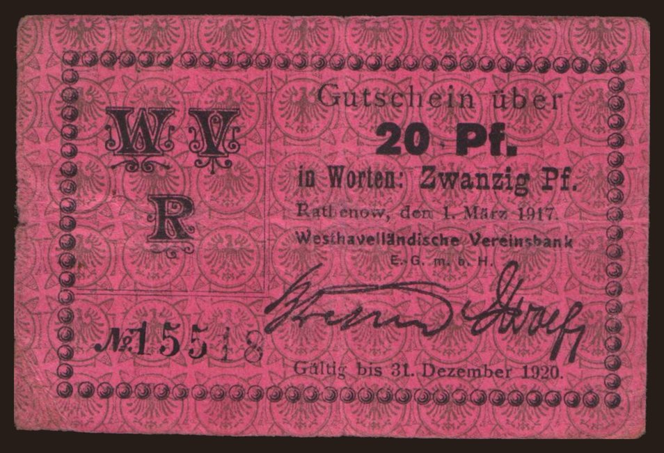 Rathenow/ Westhavelländische Vereinsbank, 20 Pfennig, 1917
