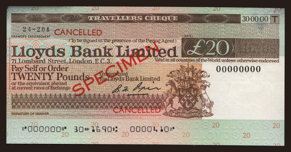 Travellers cheque, Lloyds Bank Limited, 20 pounds, specimen
