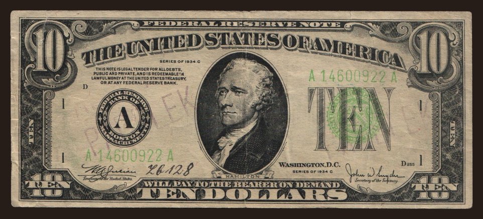 10 dollars, 1934, falsum!