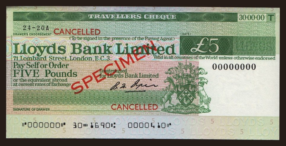Travellers cheque, Lloyds Bank Limited, 5 pounds, specimen