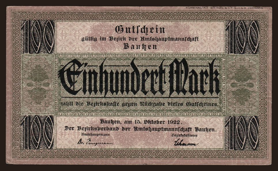Bautzen/ Bezirksverband der Amtshauptmannschaft, 100 Mark, 1922