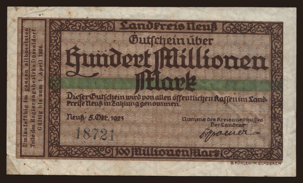 Neuss/ Landkreis Neuss, 100.000.000 Mark, 1923