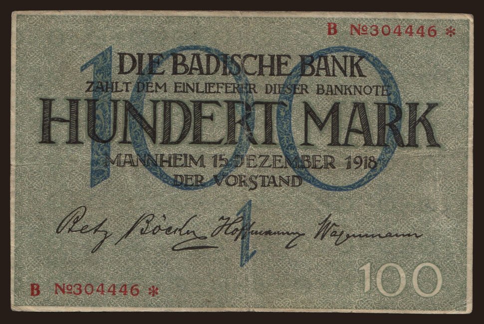Badische Bank, 100 Mark, 1918