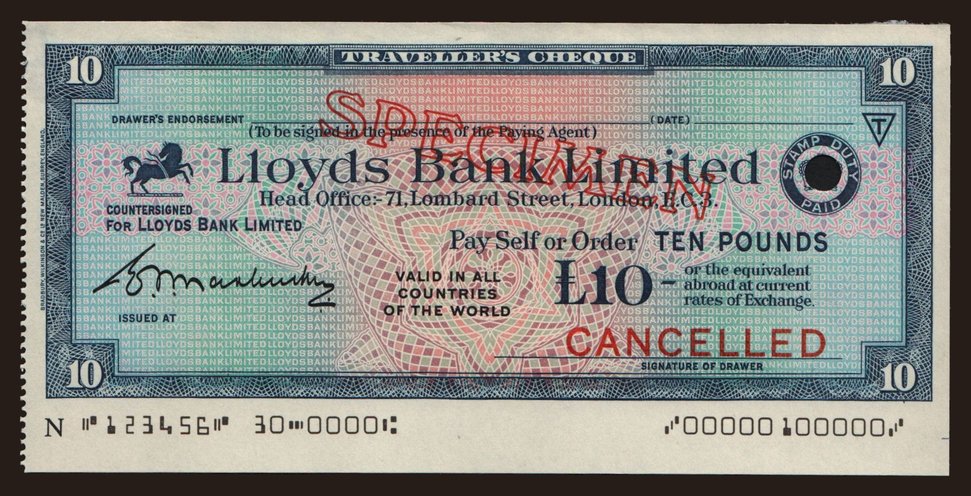 Travellers cheque, Lloyds Bank Limited, 10 pounds, specimen