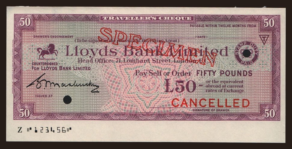 Travellers cheque, Lloyds Bank Limited, 50 pounds, specimen
