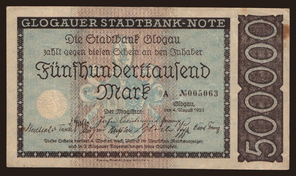 Glogau/ Stadt, 500.000 Mark, 1923
