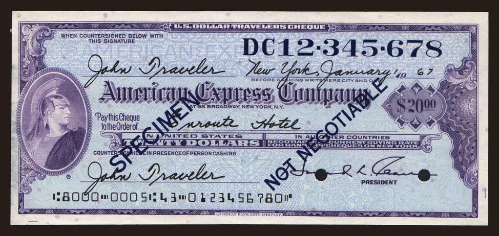 Travellers cheque, American Express, 20 dollars, specimen