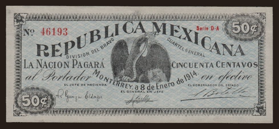 Monterrey/ Division del Bravo, 50 centavos, 1914