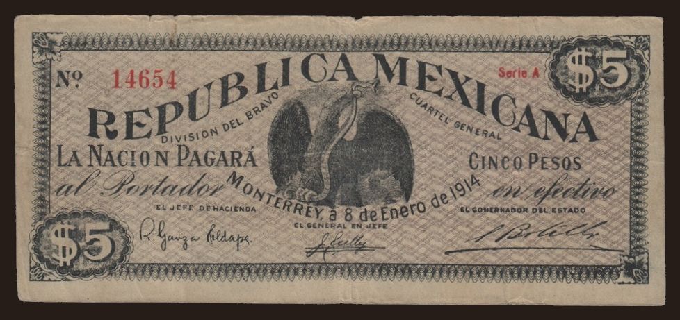 Monterrey/ Division del Bravo, 5 pesos, 1914