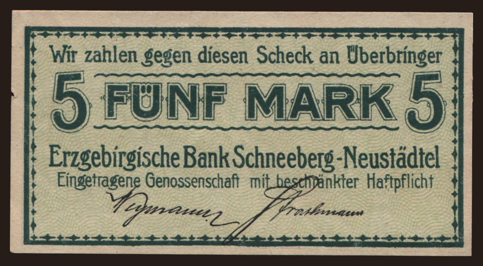 Schneeberg-Neustädtel/ Erzgebirgische Bank e.G.m.b.H., 5 Mark, 191?