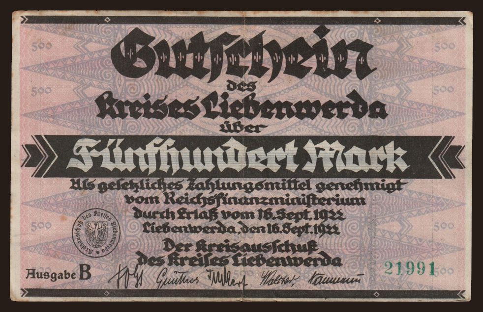 Liebenwerda/ Stadt, 500 Mark, 1922