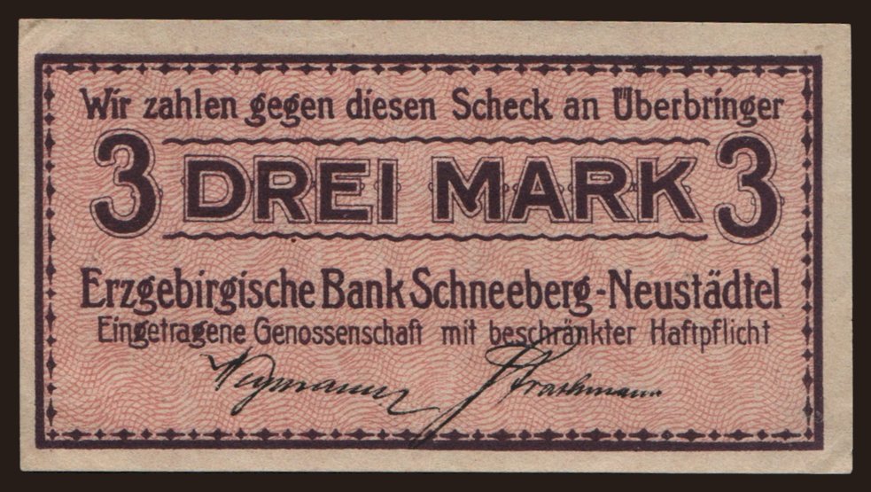 Schneeberg-Neustädtel/ Erzgebirgische Bank e.G.m.b.H., 3 Mark, 191?