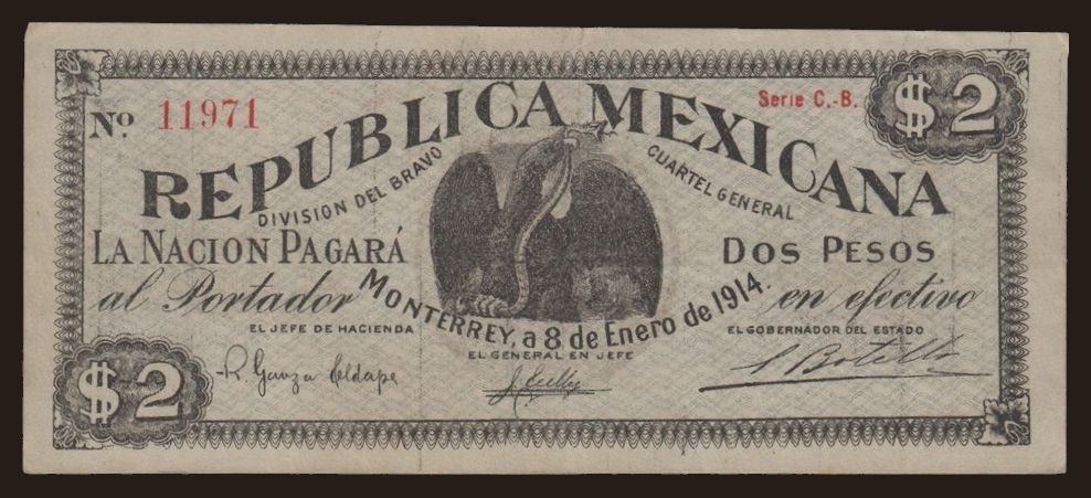 Monterrey/ Division del Bravo, 2 pesos, 1914