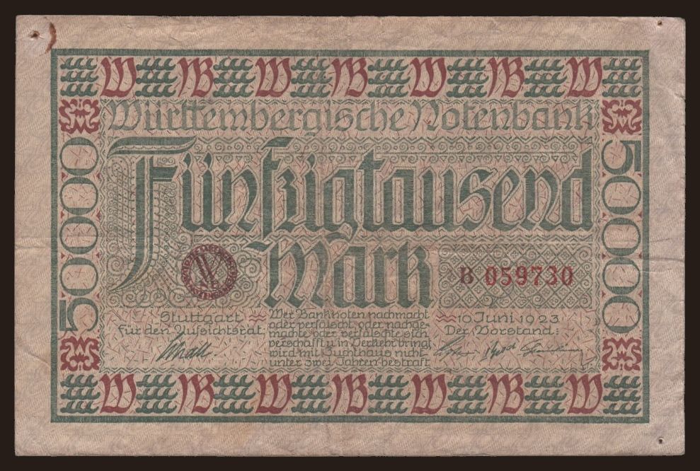 Württembergische Notenbank, 50.000 Mark, 1923