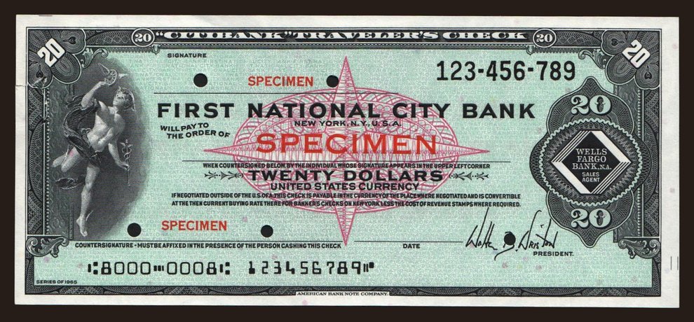 Travellers cheque, First National City Bank, 20 dollars, specimen