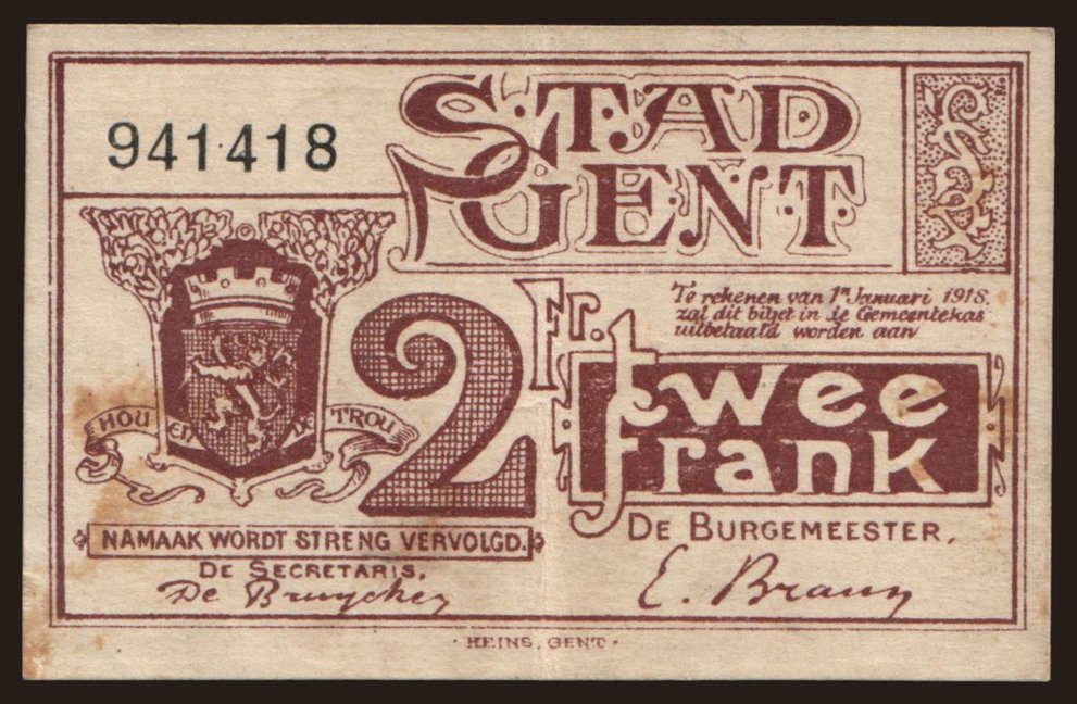 Gent, 2 frank, 1918