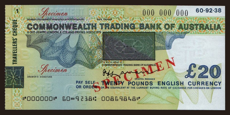 Travellers cheque, Commonwealth Trading Bank of Australia, 20 pounds,  specimen | notafilia-kp.com