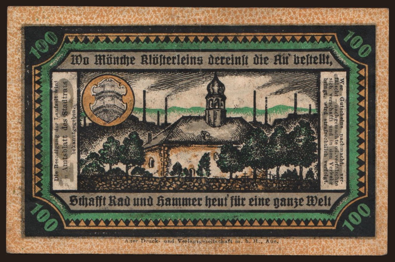 Aue/ Stadt, 100 Mark, 1922 | notafilia-kp.com