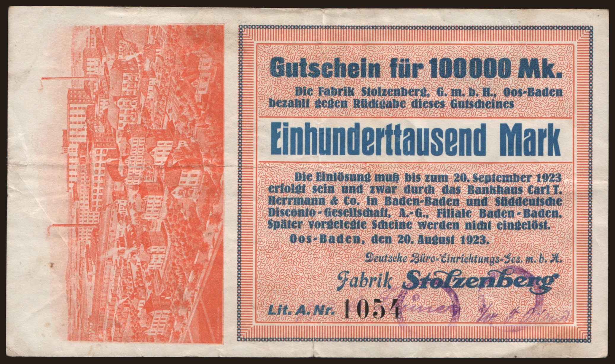 Oos-Baden/ Deutsche Büro-Einrichtungsges. m.b.H., Fabrik Stolzenberg,  100.000 Mark, 1923 | notafilia-kp.com